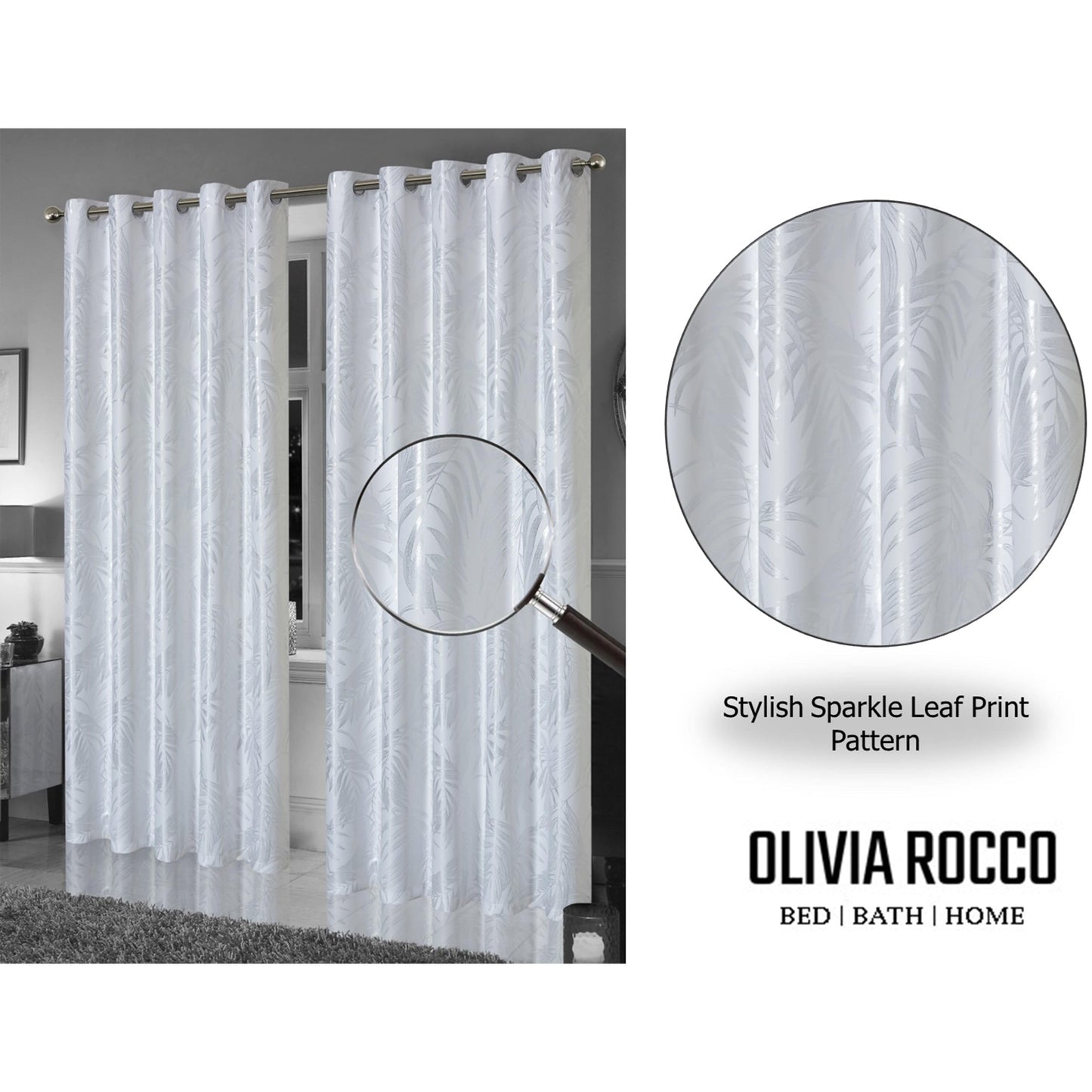 Leaf Sparkle Blackout Curtains Super Soft Thermal Insulated Eyelet Drapes for Living Room & Bedroom 2 Panels(White) OLIVIA ROCCO Curtain