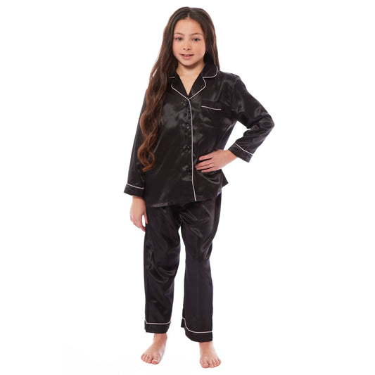 Luxurious Girls Satin Silk Long Sleeve Pyjama Set for Kids by Daisy Dreamer Elegant Loungewear and Cosy Nightwear PJs in Black Pink Grey Classic Button-Down Design Comfortable Fit Breathable Fabric Sizes 5-6 YRS to 13-14 YRS Perfect Sleepwear for Children Daisy Dreamer Pyjamas