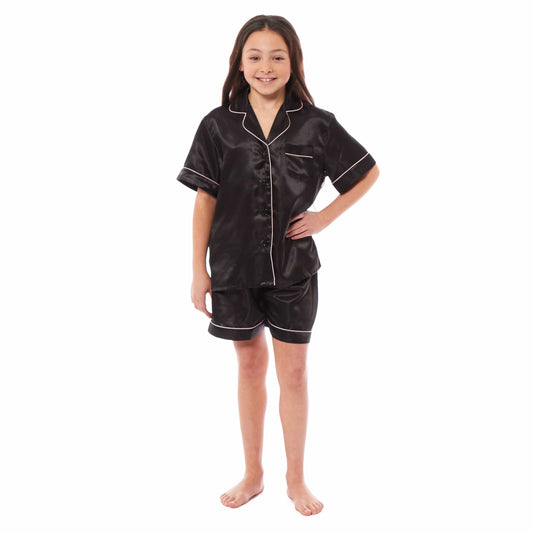 Luxurious Kids Satin Silk Short Pyjama Set by Daisy Dreamer Cosy Nightwear for Girls Includes Button-Down Shirt and Loose-Fitting Pants in Classic Black Pink and Grey Perfect Everyday Loungewear for Ages 5-14 Ideal for Comfortable Sleep and Relaxation Daisy Dreamer Pyjamas
