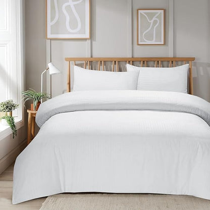 Mayfair Stripe Elegant Reversible Satin Duvet Cover Set with Comforter Multiple Sizes & Colours Luxurious Bedding Collection by OLIVIA ROCCO SINGLE / WHITE OLIVIA ROCCO Duvet Cover