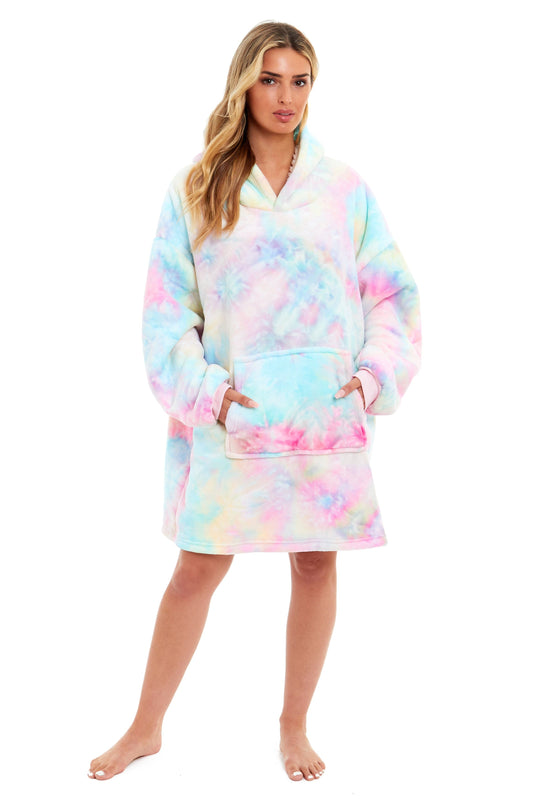 Oversized Tie Dye Rainbow Hooded Plush Fleece With Reversible Sherpa Blanket Daisy Dreamer Hooded Blanket