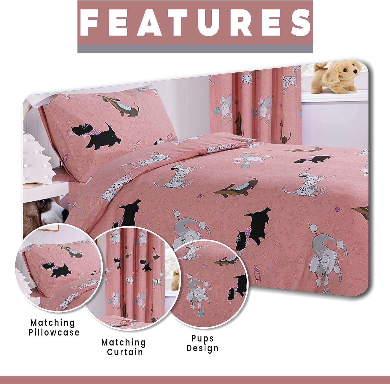 Pink Dog Print Duvet Cover Set with Matching Curtains Cosy Cotton Blen OLIVIA ROCCO