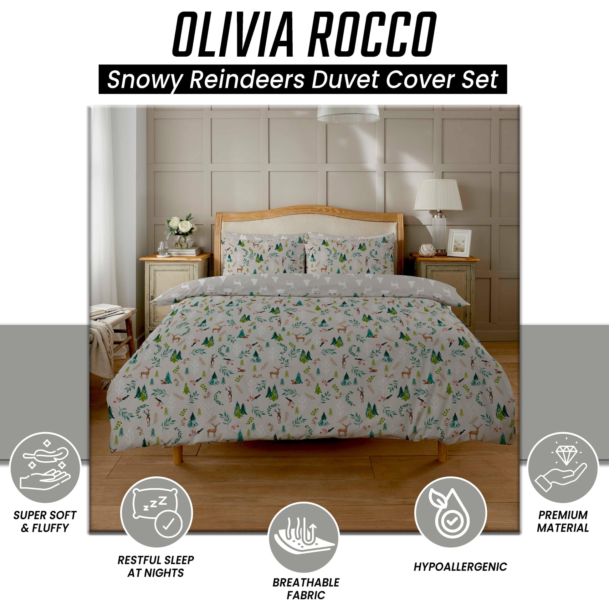 Snowy Reindeers Reversible Duvet Cover Set with Pillowcases Soft Polycotton Quilt Bedding for Year-Round Comfort by OLIVIA ROCCO OLIVIA ROCCO Duvet Cover