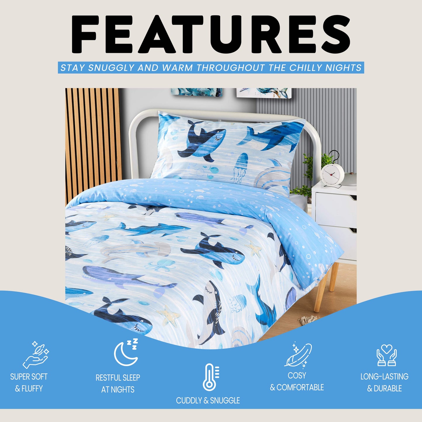 Sharks Duvet Cover Set Bedding for Kids Soft Cotton Reversible Design Quilt Bed Covers with Pillowcases OLIVIA ROCCO Duvet Cover