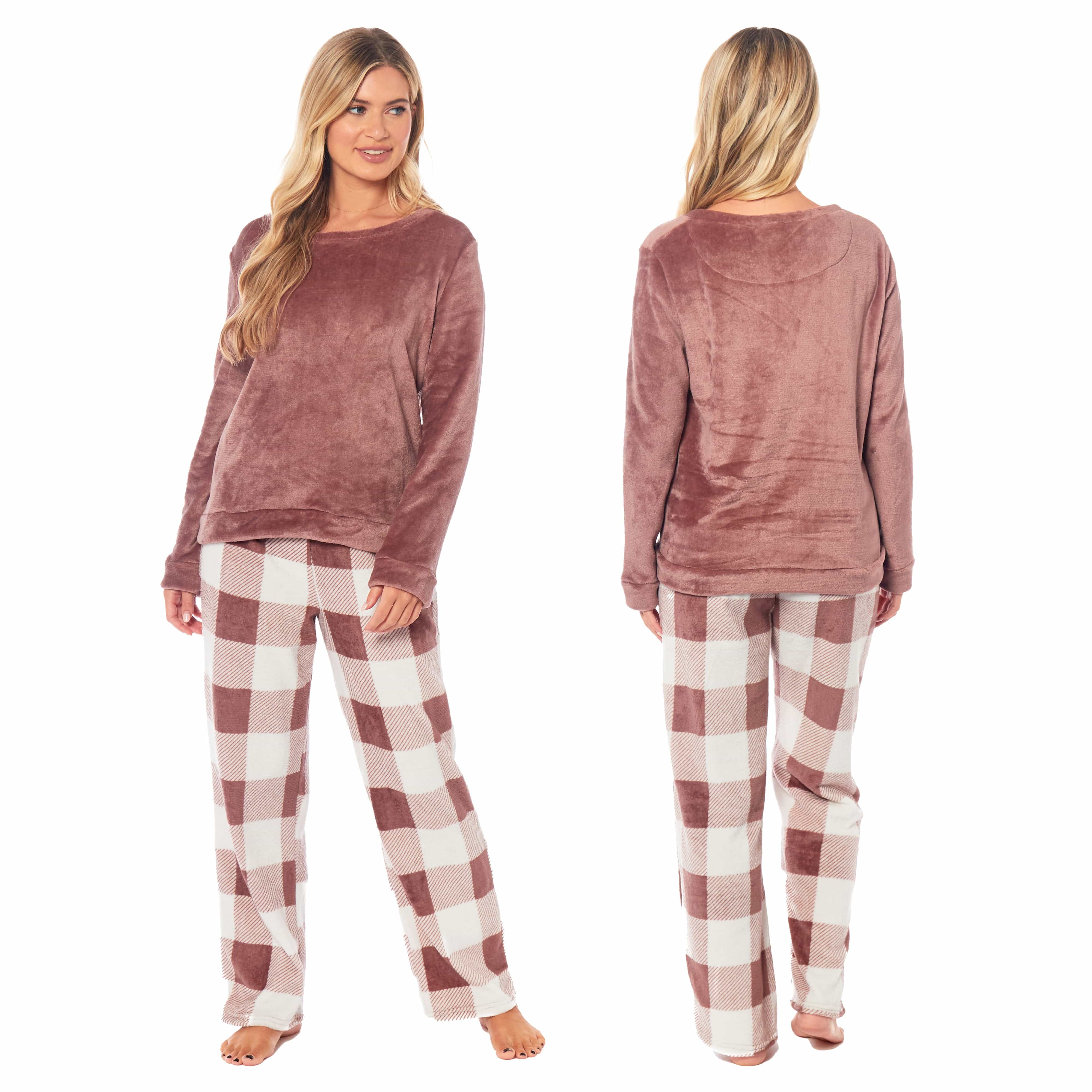 Women s Buffalo Check Fleece Pajama Set Long Sleeve Top and Bottoms Lu OLIVIA ROCCO