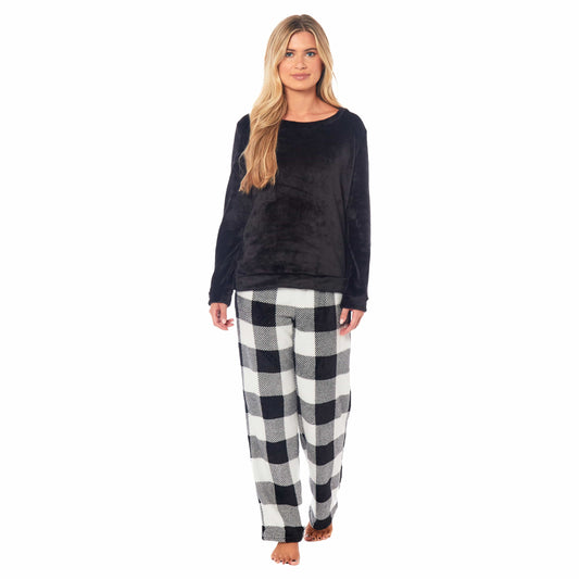 Women's Buffalo Check Fleece Pyjamas Set Long Sleeve Top & Pajama Bottoms Loungewear Daisy Dreamer Pyjamas