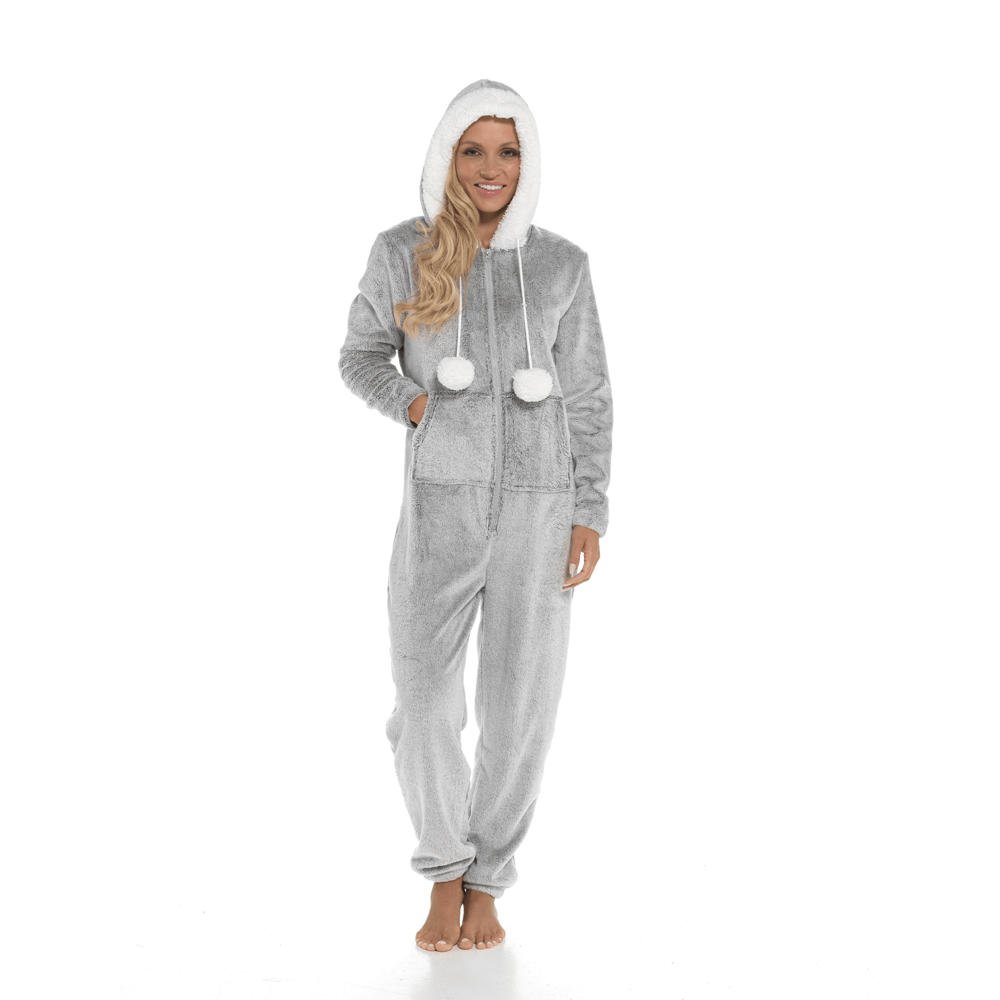 Women s Luxurious Shimmer Fleece Hooded Onesie with Zip Pockets and Pompoms Ultimate Comfort Sleepwear by Daisy Dreamer SMALL UK 8 10 GREY