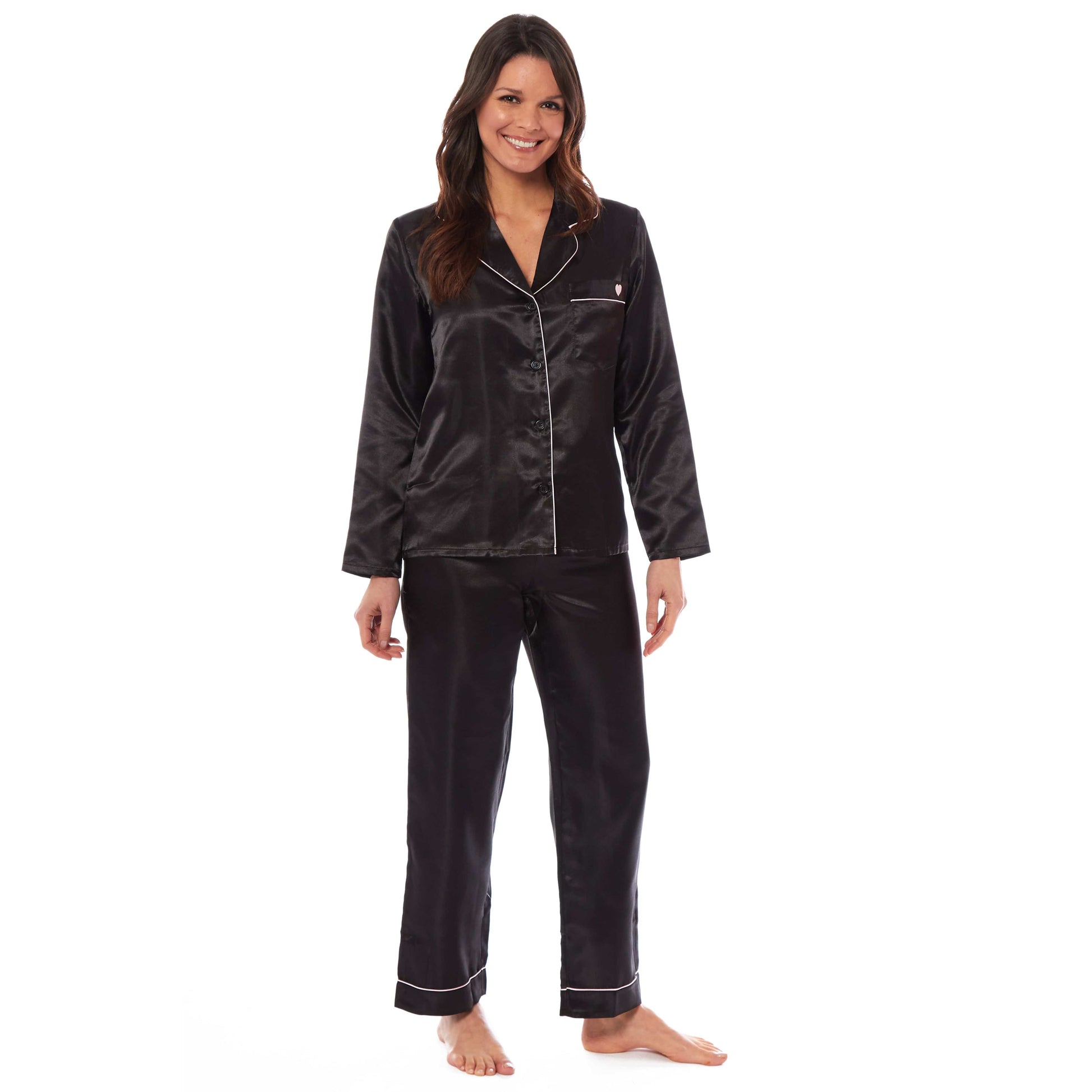 Luxurious Women's Satin Silk Long Sleeve Pyjama Set Ladies Cozy Loungewear Nightwear PJs in Black Pink Grey with Dress Shirt Collar and Loose-Fitting Pants by Daisy Dreamer for Ultimate Comfort Elegance Softness and Premium Sleepwear Experience SMALL | UK 8-10 / BLACK Daisy Dreamer Pyjamas