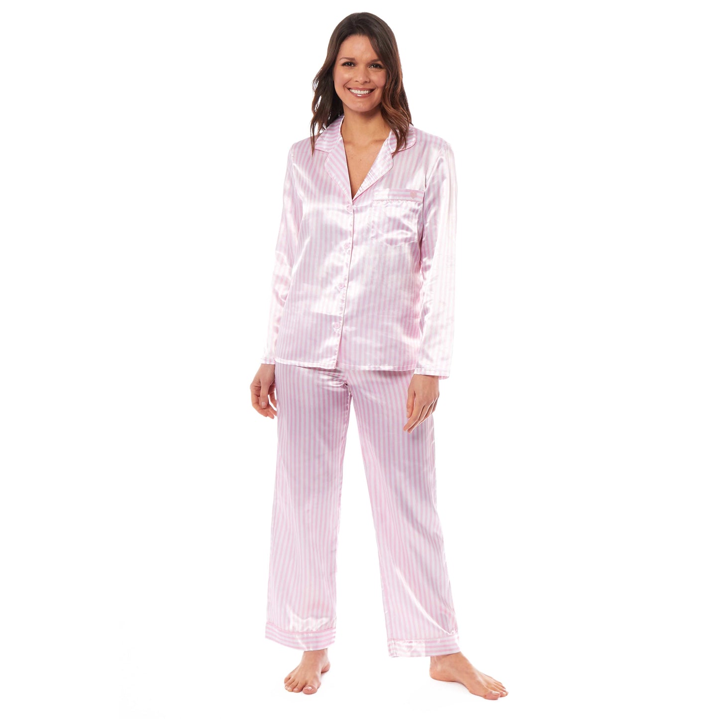 Luxurious Women's Satin Silk Long Sleeve Pyjama Set Ladies Cozy Loungewear Nightwear PJs in Black Pink Grey with Dress Shirt Collar and Loose-Fitting Pants by Daisy Dreamer for Ultimate Comfort Elegance Softness and Premium Sleepwear Experience SMALL | UK 8-10 / PINK STRIPES Daisy Dreamer Pyjamas