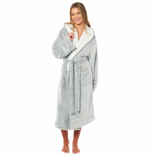 Women's Soft Plush Shimmer Fleece Hooded Bath Robe Luxurious Dressing Gown for Lounging and Sleeping in Shimmer Grey Multiple Sizes by Daisy Dreamer SMALL Daisy Dreamer Dressing Gown