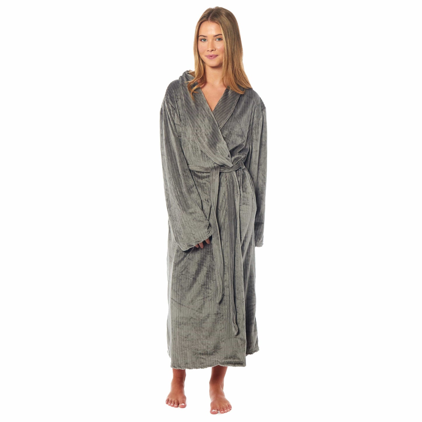 Women's Soft Warm Stripe Jacquard Long Dressing Gown with Belt and Pockets Cosy Shawl Collar Loungewear Robe By Daisy Dreamer SMALL | UK 8-10 / CHARCOAL OLIVIA ROCCO Dressing Gown