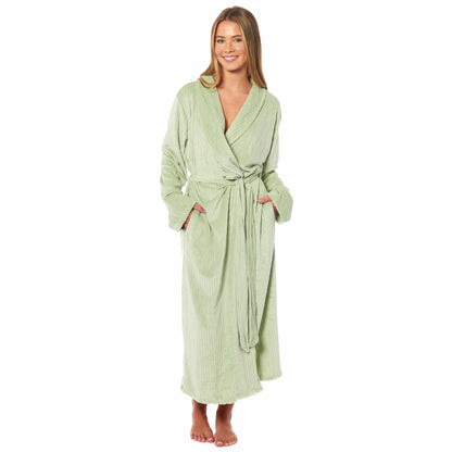 Women's Soft Warm Stripe Jacquard Long Dressing Gown with Belt and Pockets Cosy Shawl Collar Loungewear Robe By Daisy Dreamer SMALL | UK 8-10 / SAGE GREEN OLIVIA ROCCO Dressing Gown