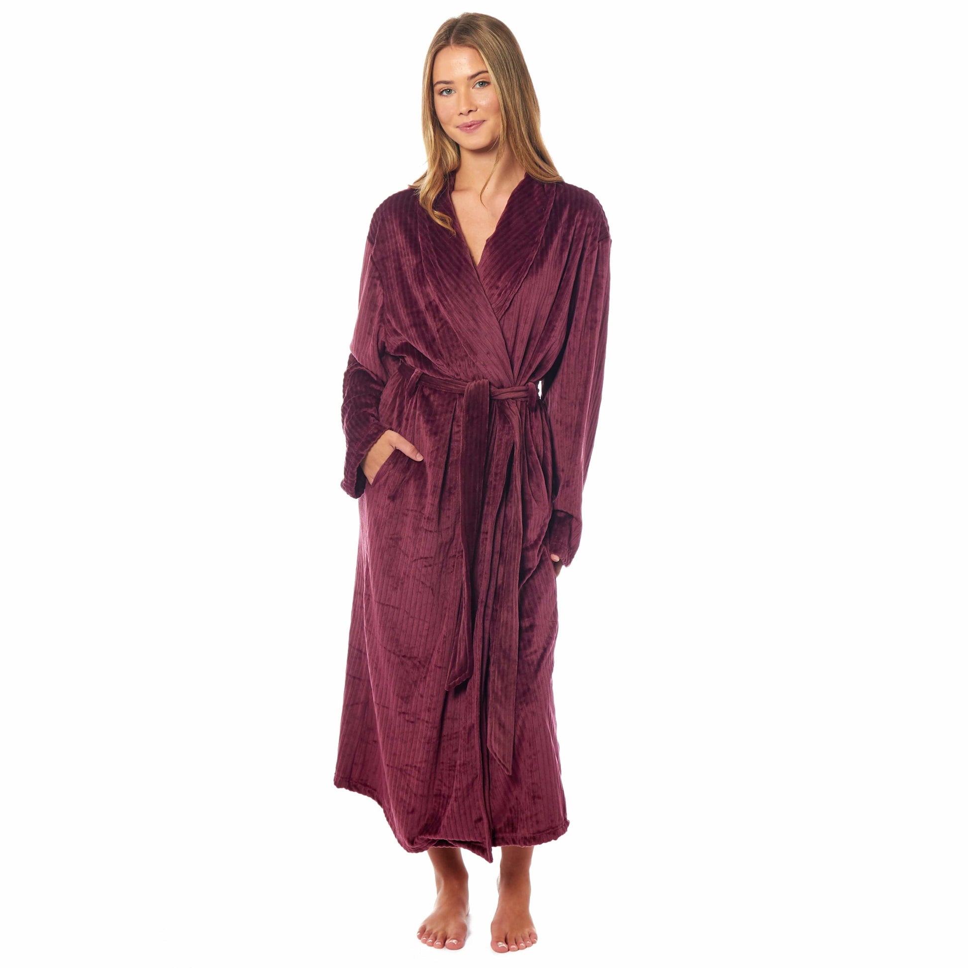 Women's Soft Warm Stripe Jacquard Long Dressing Gown with Belt and Pockets Cosy Shawl Collar Loungewear Robe By Daisy Dreamer SMALL | UK 8-10 / WINE OLIVIA ROCCO Dressing Gown