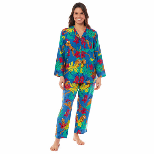 Women's Stylish Jaguar Jungle Leopard Print Long Pyjama Set Ladies Button Up PJ Set Soft Breathable Viscose Comfortable Loungewear Sleepwear by Daisy Dreamer Perfect for Relaxing Weekends Movies and Peaceful Sleep Available in Small Medium Large X-Large JUNGLE LEOPARD / SMALL Daisy Dreamer Pyjamas