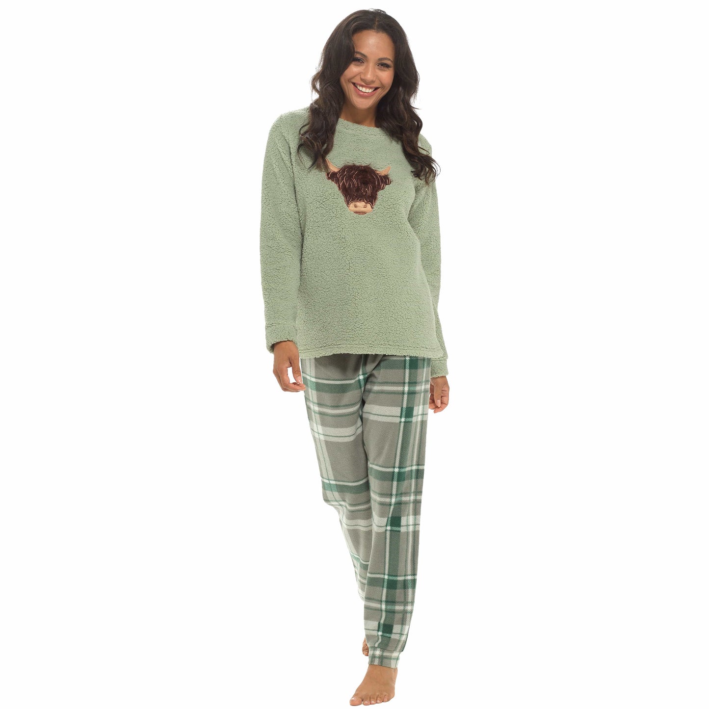 Women's Warm Soft Fleece Pyjama Set Cozy Loungewear PJs with Highland Cow Teddy Bear Design by Daisy Dreamer Daisy Dreamer Pyjamas