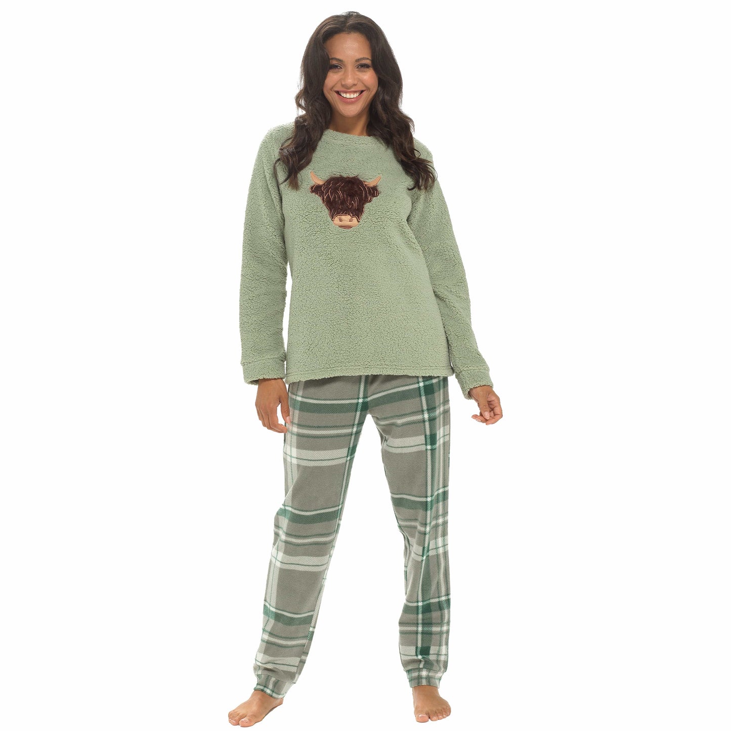 Women's Warm Soft Fleece Pyjama Set Cozy Loungewear PJs with Highland Cow Teddy Bear Design by Daisy Dreamer Daisy Dreamer Pyjamas