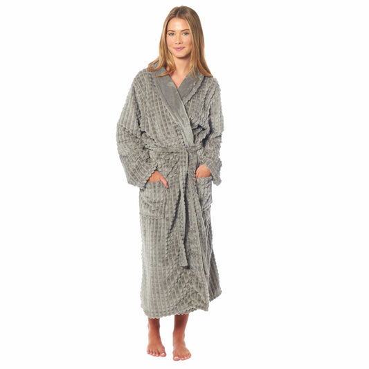 Womens Luxury  Fleece Robe Checked Soft Warm Long Dressing Gown with Belt and Pockets Loungewear by Daisy Dreamer SMALL | UK 8-10 / GREY Daisy Dreamer Dressing Gown