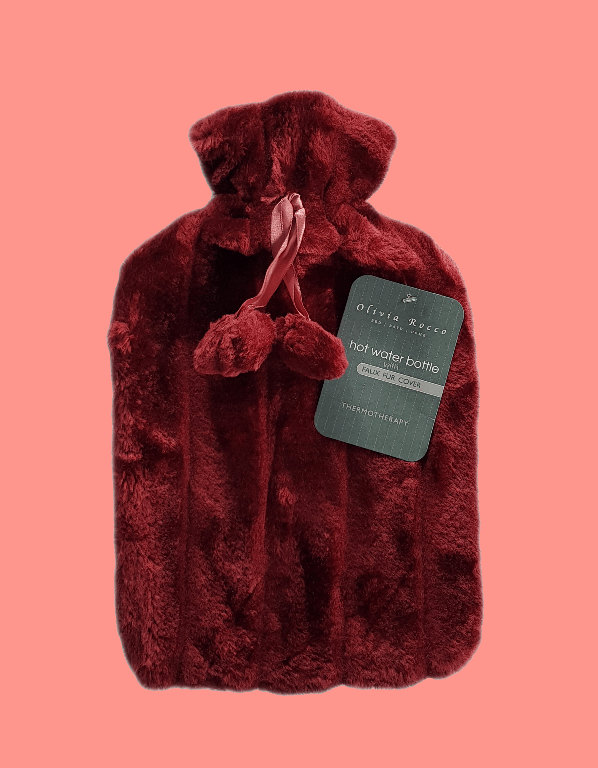 Faux Fur Pom Pom Hot Water Bottle, 2L Capacity CLARET OLIVIA ROCCO Hot Water Bottle