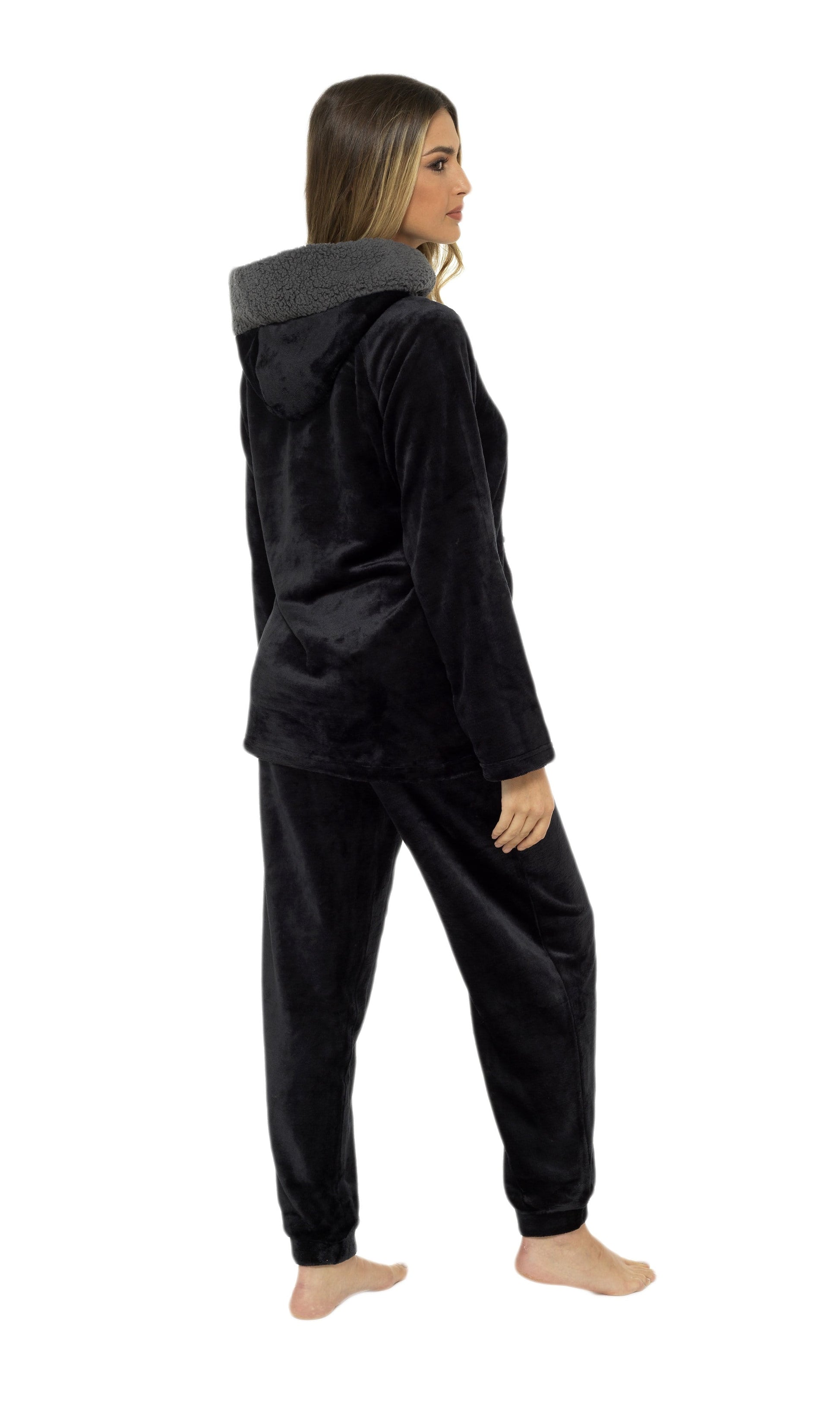 Women's Black Plush Fleece Hooded Pyjama Set, Ladies Loungewear PJs –  OLIVIA ROCCO