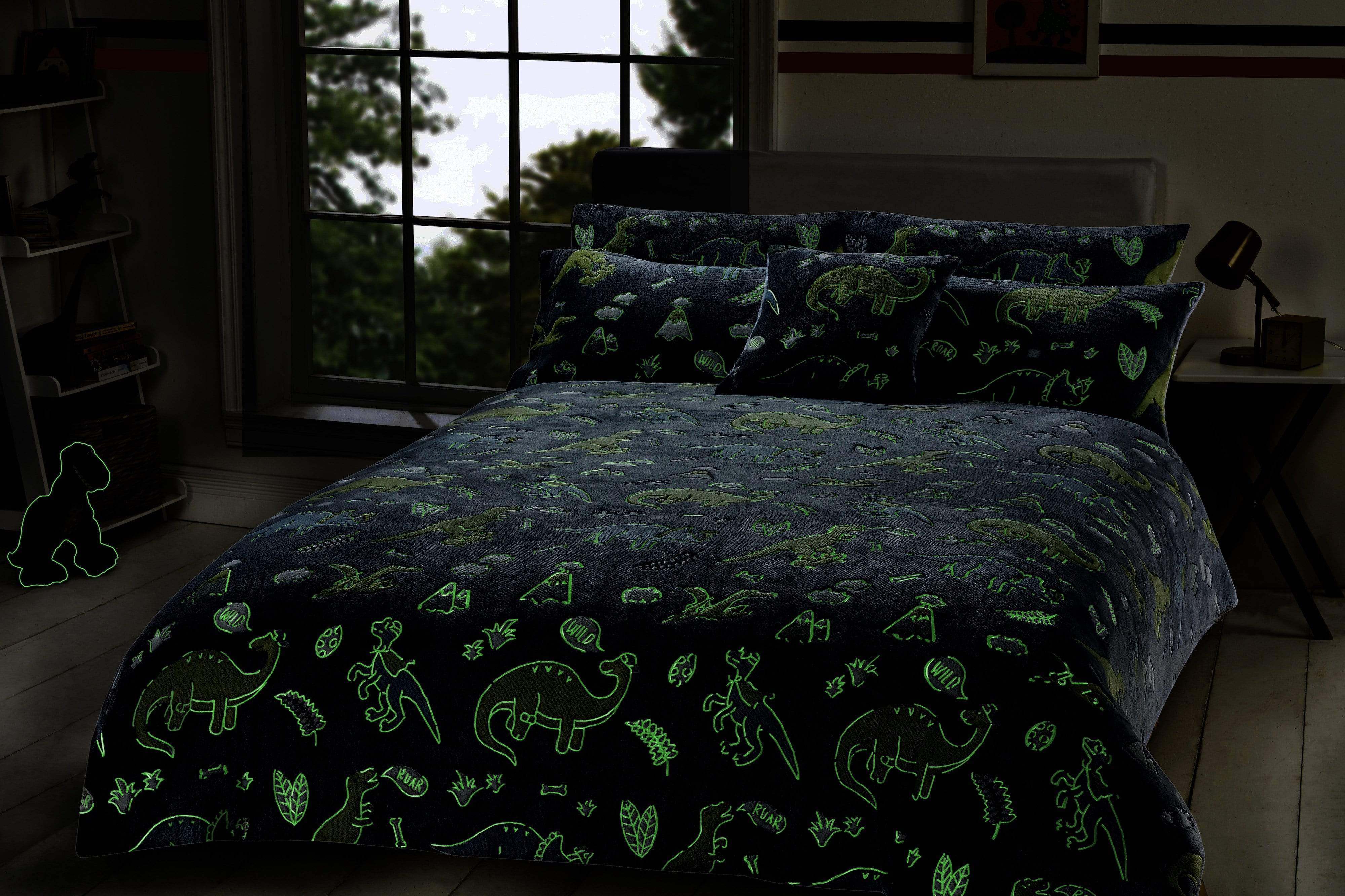 Dinosaur Glow In The Dark Teddy Fleece Bedding Set with Bed Throw and OLIVIA ROCCO