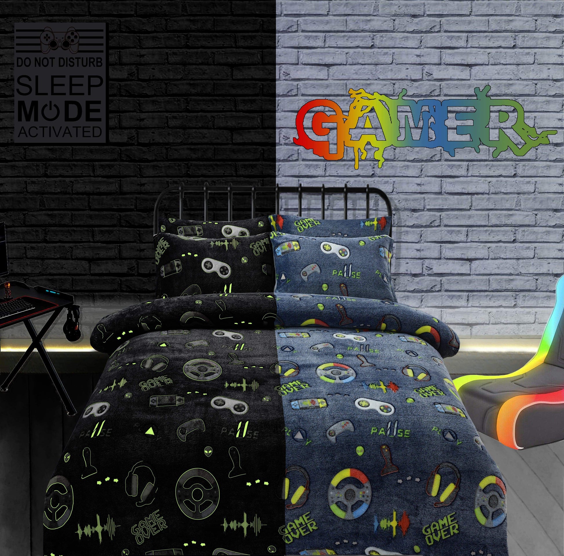 Gamer Station Glow In The Dark Teddy Duvet Set OLIVIA ROCCO Duvet Cover