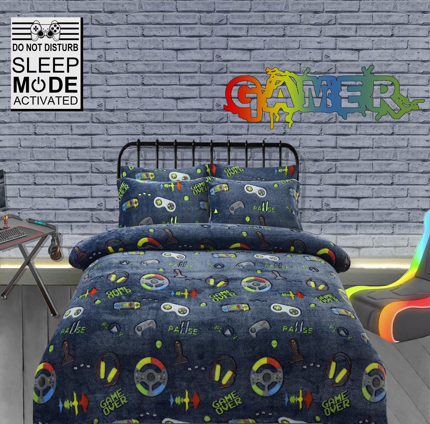 Gamer Station Glow In The Dark Teddy Duvet Set SINGLE OLIVIA ROCCO Duvet Cover