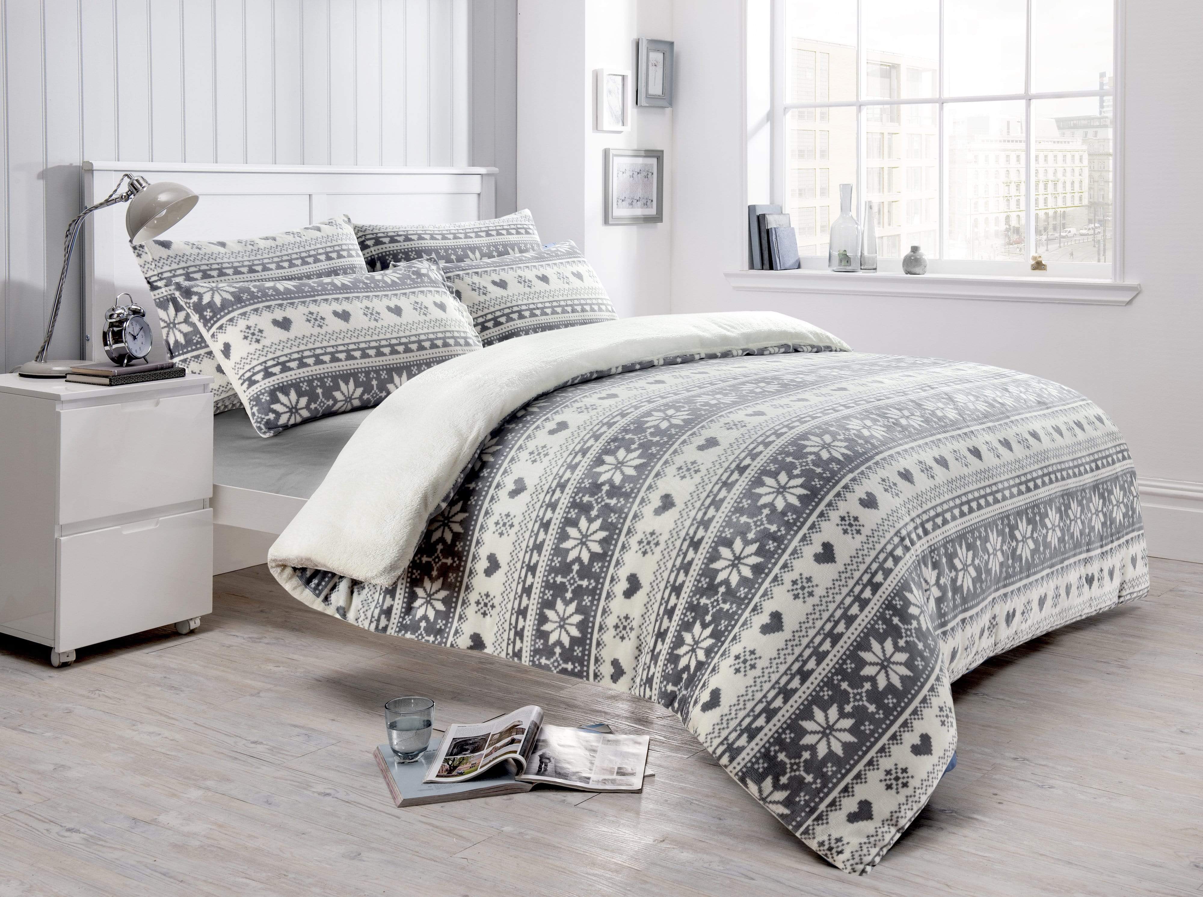 Nordic Fair Isle Reversible Teddy Fleece Duvet Set Plush Faux Fur Bedd OLIVIA ROCCO