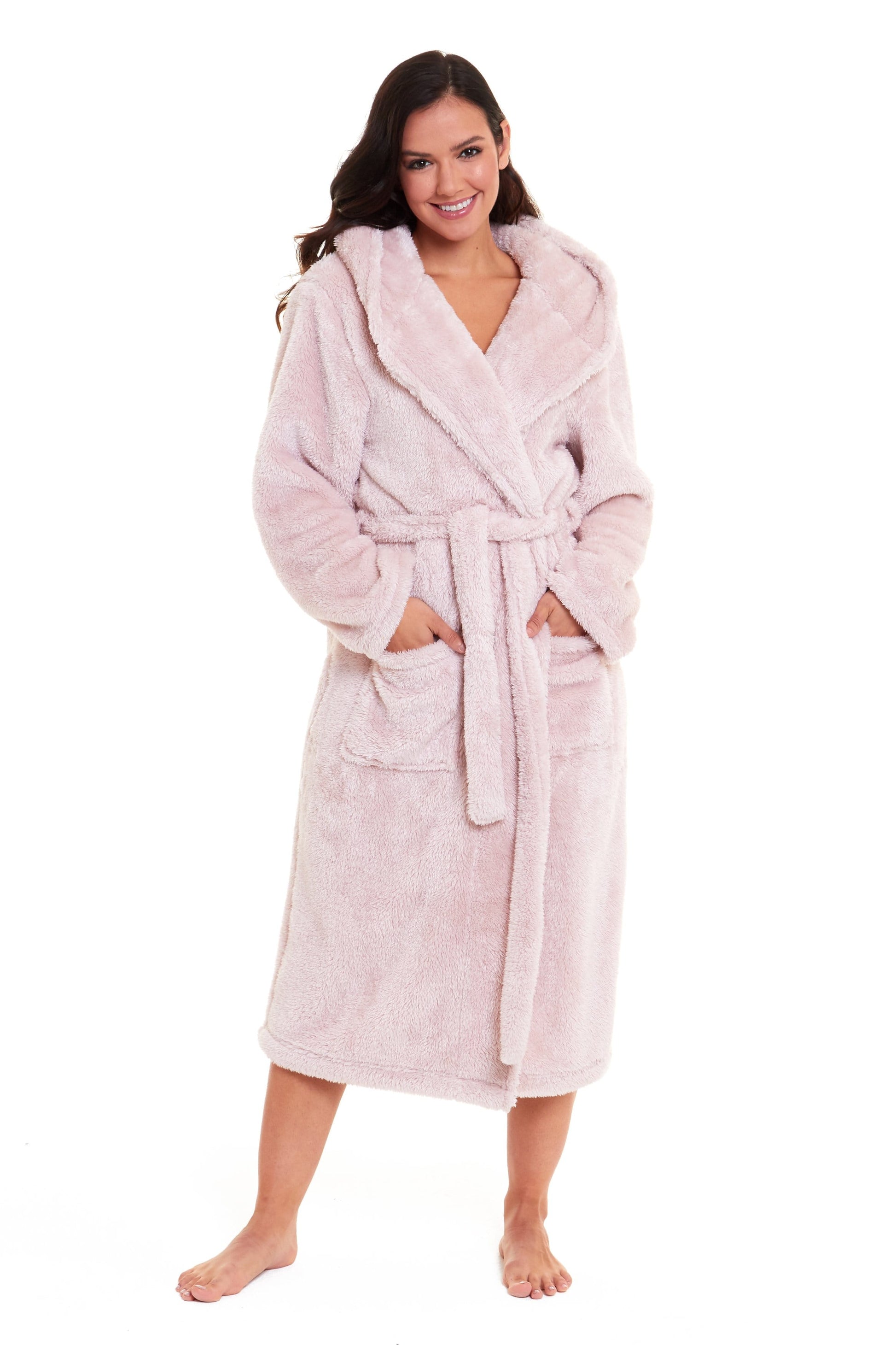 Women's Pink Snuggle Velvet Touch Fleece Hooded Robe Dressing Gown