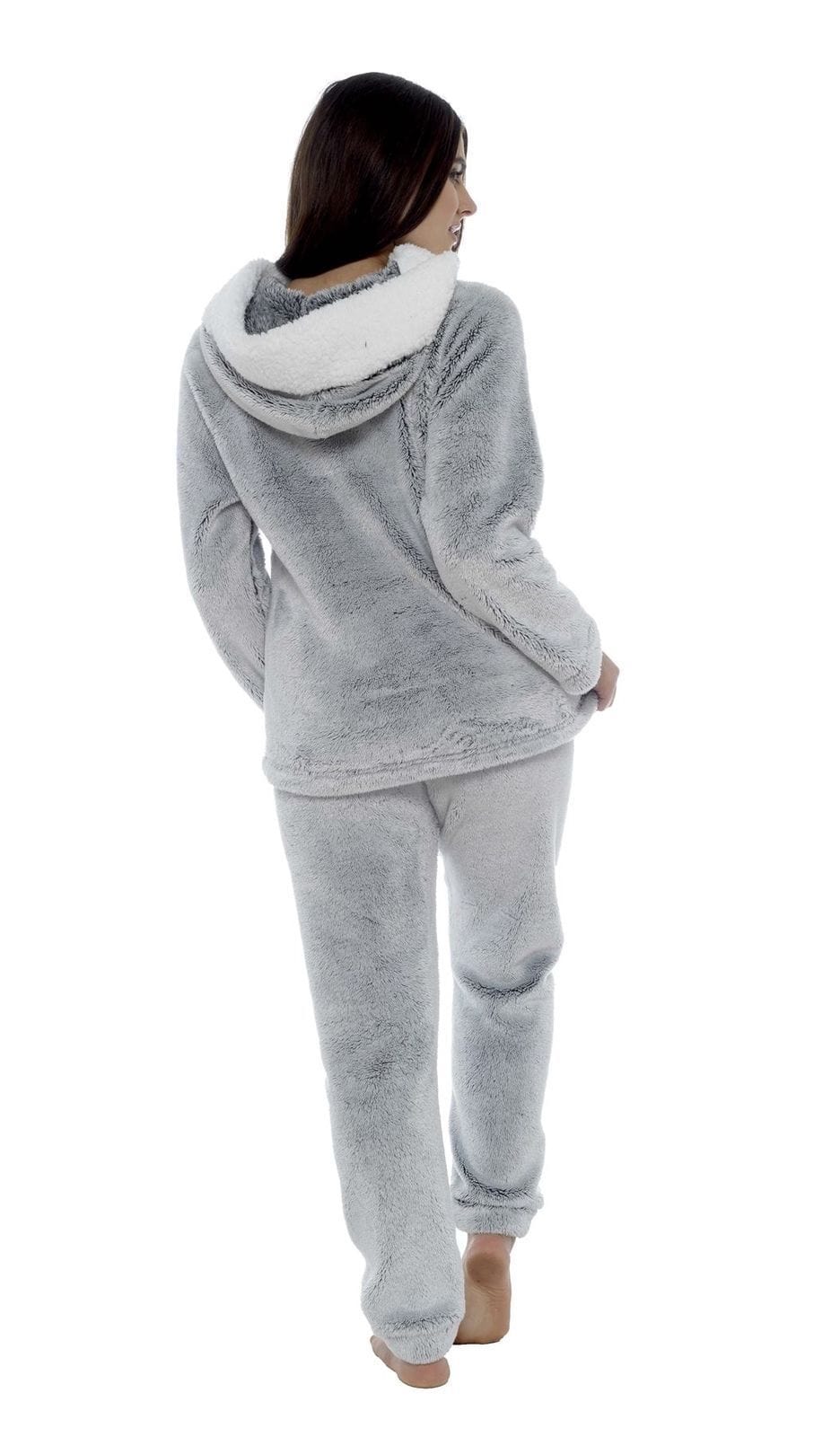 Women's Shimmer Grey Plush Fleece Hooded Pyjama Set, Ladies Nightwear