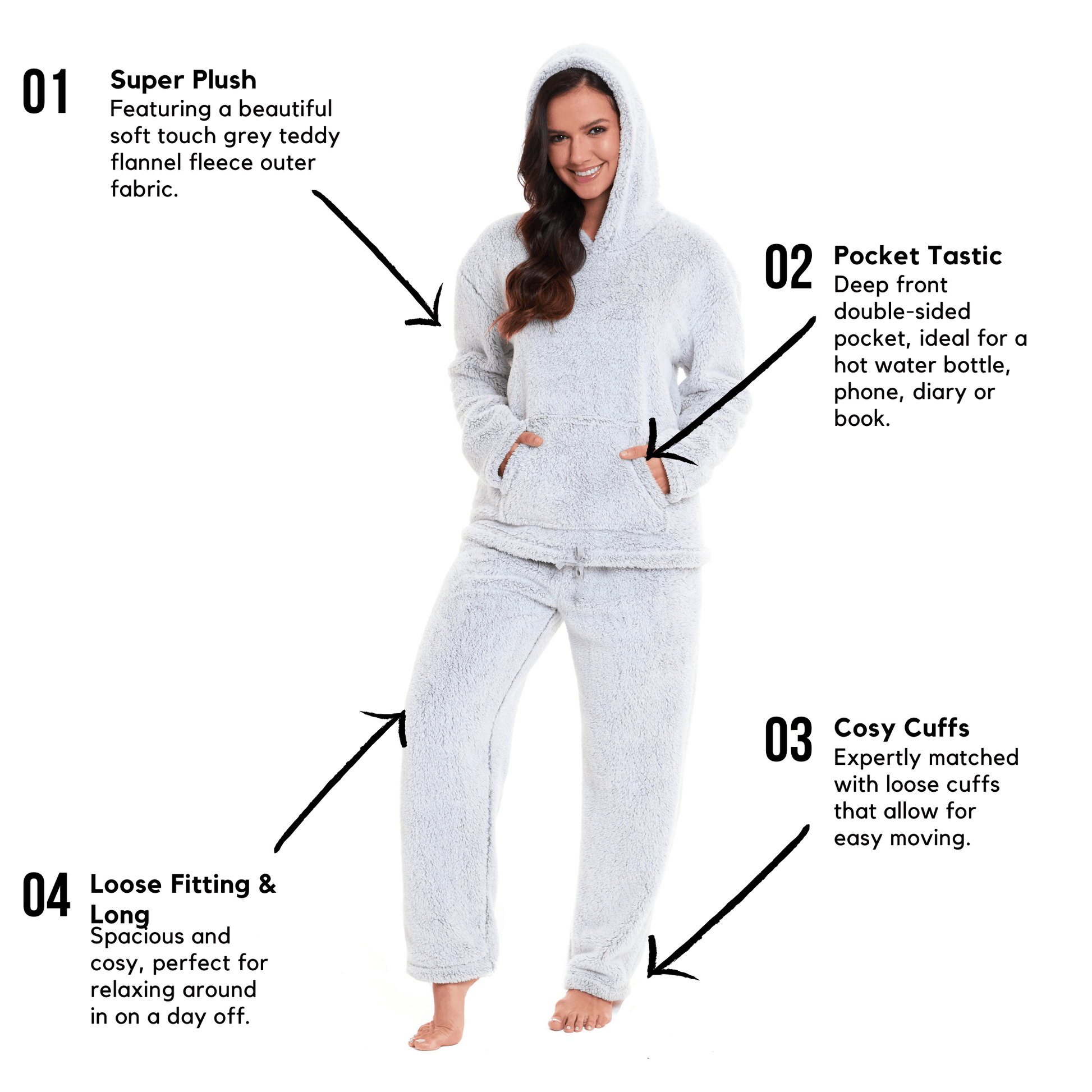 Women's Soft Grey Plush Fleece Hooded Pyjama Set, Ladies Loungewear –  OLIVIA ROCCO