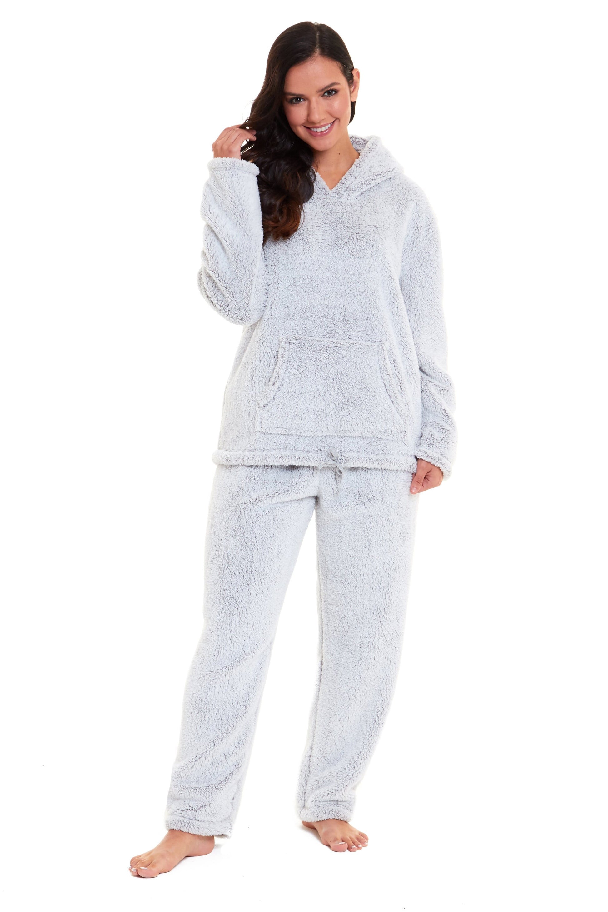 Women's Soft Grey Plush Fleece Hooded Pyjama Set, Ladies Loungewear –  OLIVIA ROCCO