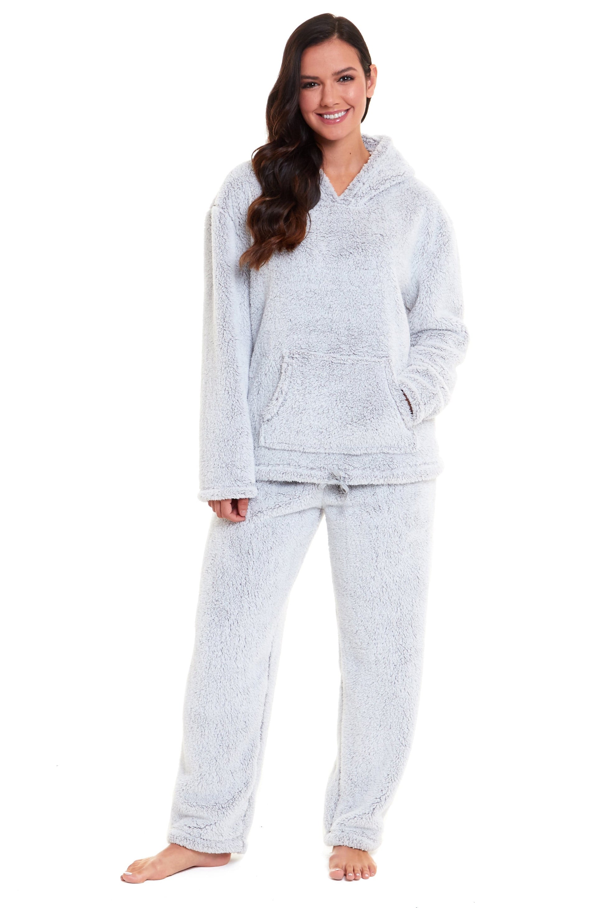 Women's Soft Grey Plush Fleece Hooded Pyjama Set, Ladies