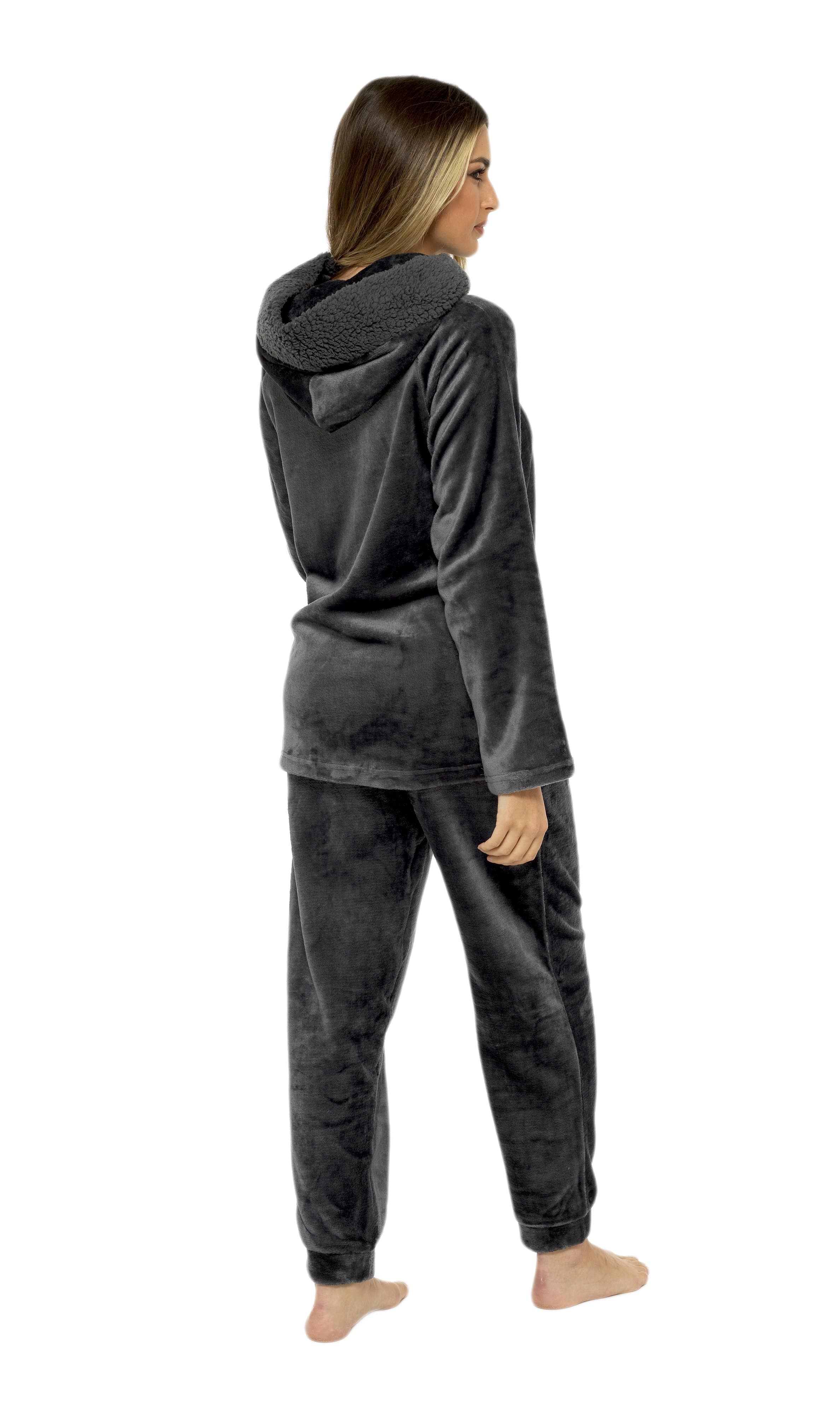 Women s Charcoal Plush Fleece Hooded Pyjama Set with Sherpa Lining Sof OLIVIA ROCCO