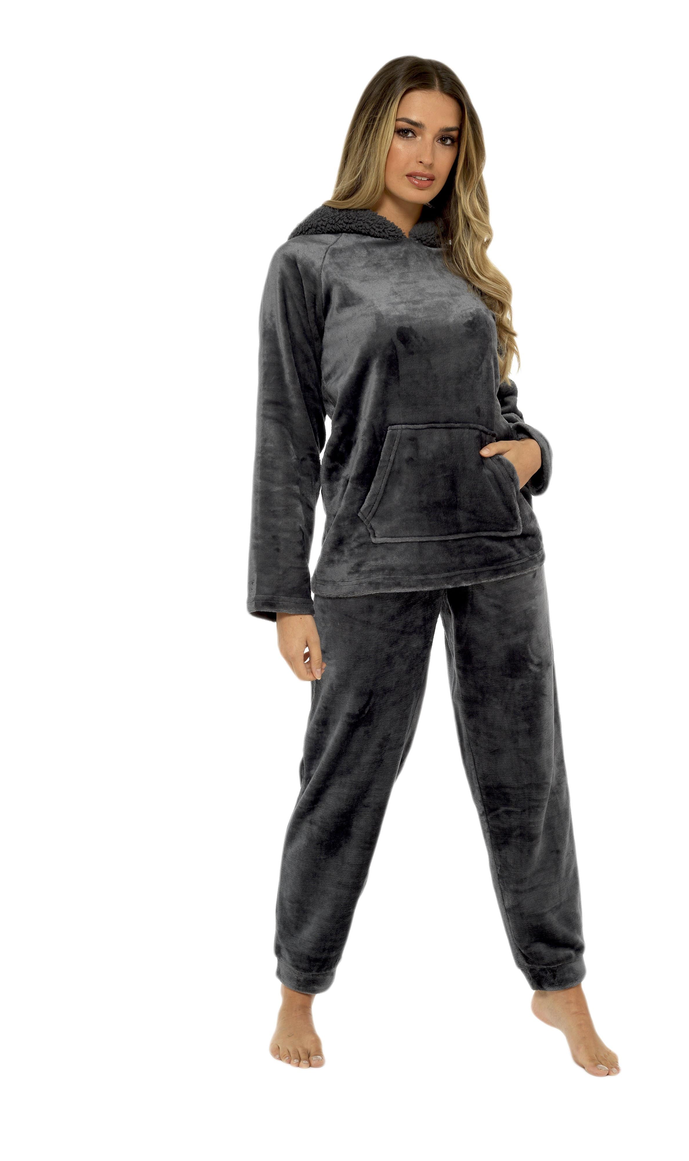 Women s Charcoal Plush Fleece Hooded Pyjama Set with Sherpa Lining Sof OLIVIA ROCCO