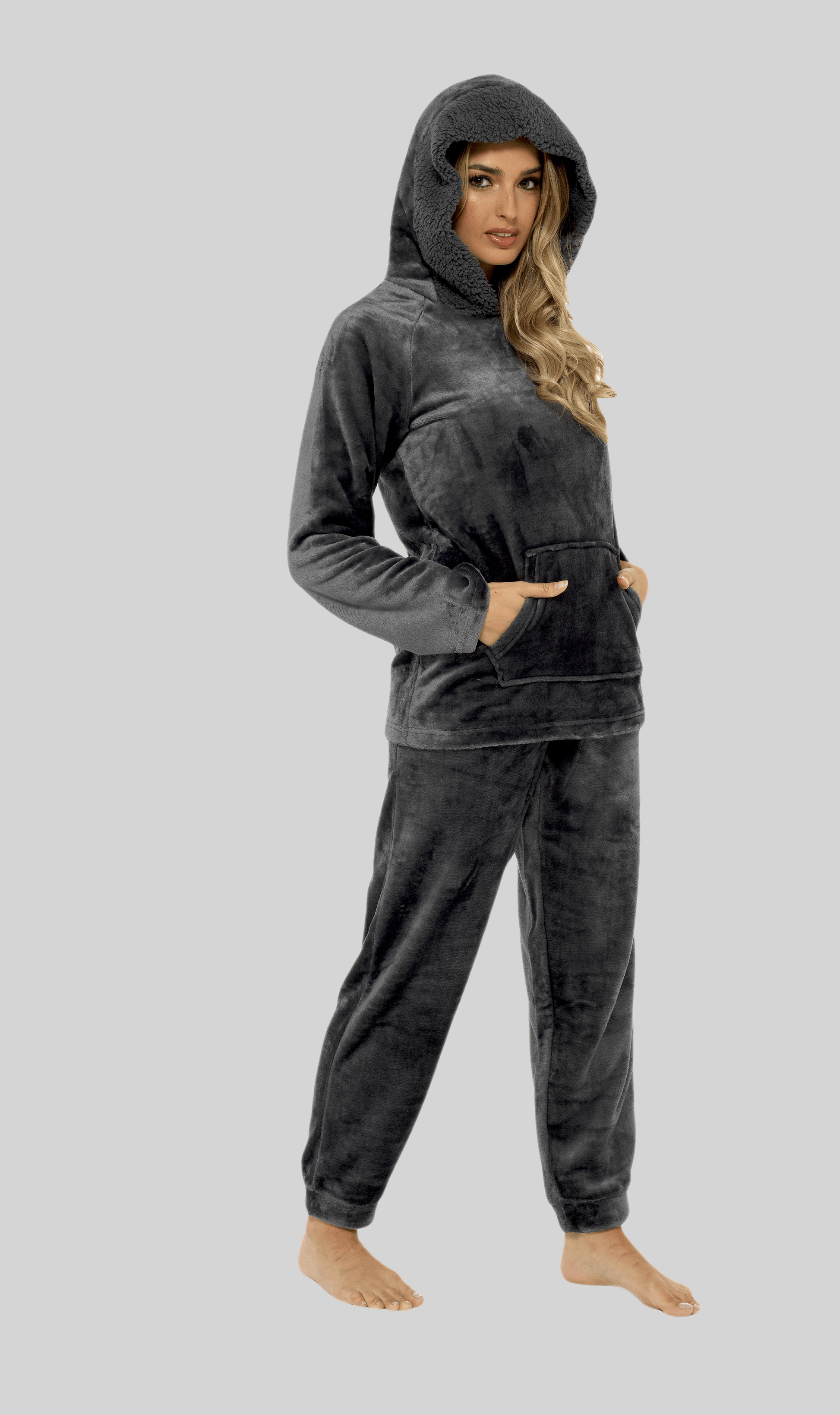 Women s Charcoal Plush Fleece Hooded Pyjama Set with Sherpa Lining Soft Flannel Loungewear Warm Cosy Nightwear Sizes S to XL by Daisy Dreamer SMALL