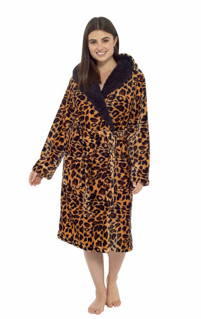 Leopard Plush Fleece Hooded Robe Dressing Gown With Reversible Sherpa Lining Daisy Dreamer Dressing Gown