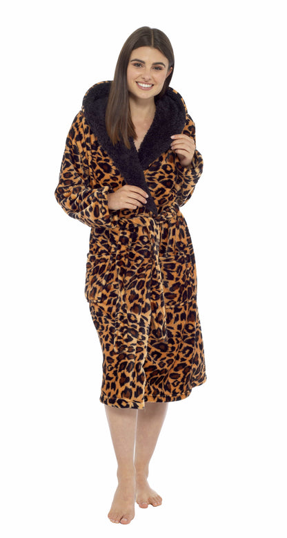 Leopard Plush Fleece Hooded Robe Dressing Gown With Reversible Sherpa Lining Daisy Dreamer Dressing Gown