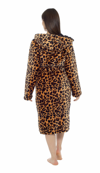 Leopard Plush Fleece Hooded Robe Dressing Gown With Reversible Sherpa Lining Daisy Dreamer Dressing Gown