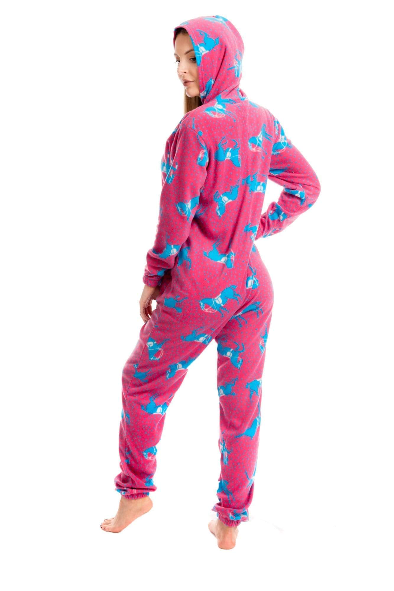 Pink Horse Print All In One Onezee Fleece Hooded Pyjama Set Daisy Dreamer Pyjamas