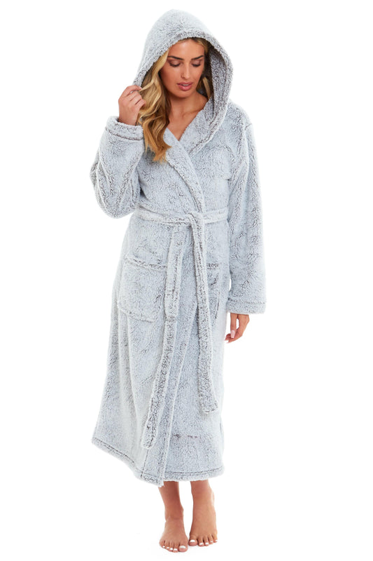 Shimmer Grey Snuggle Velvet Touch Fleece Hooded Robe Dressing Gown SMALL | UK 8-10 Daisy Dreamer Dressing Gown