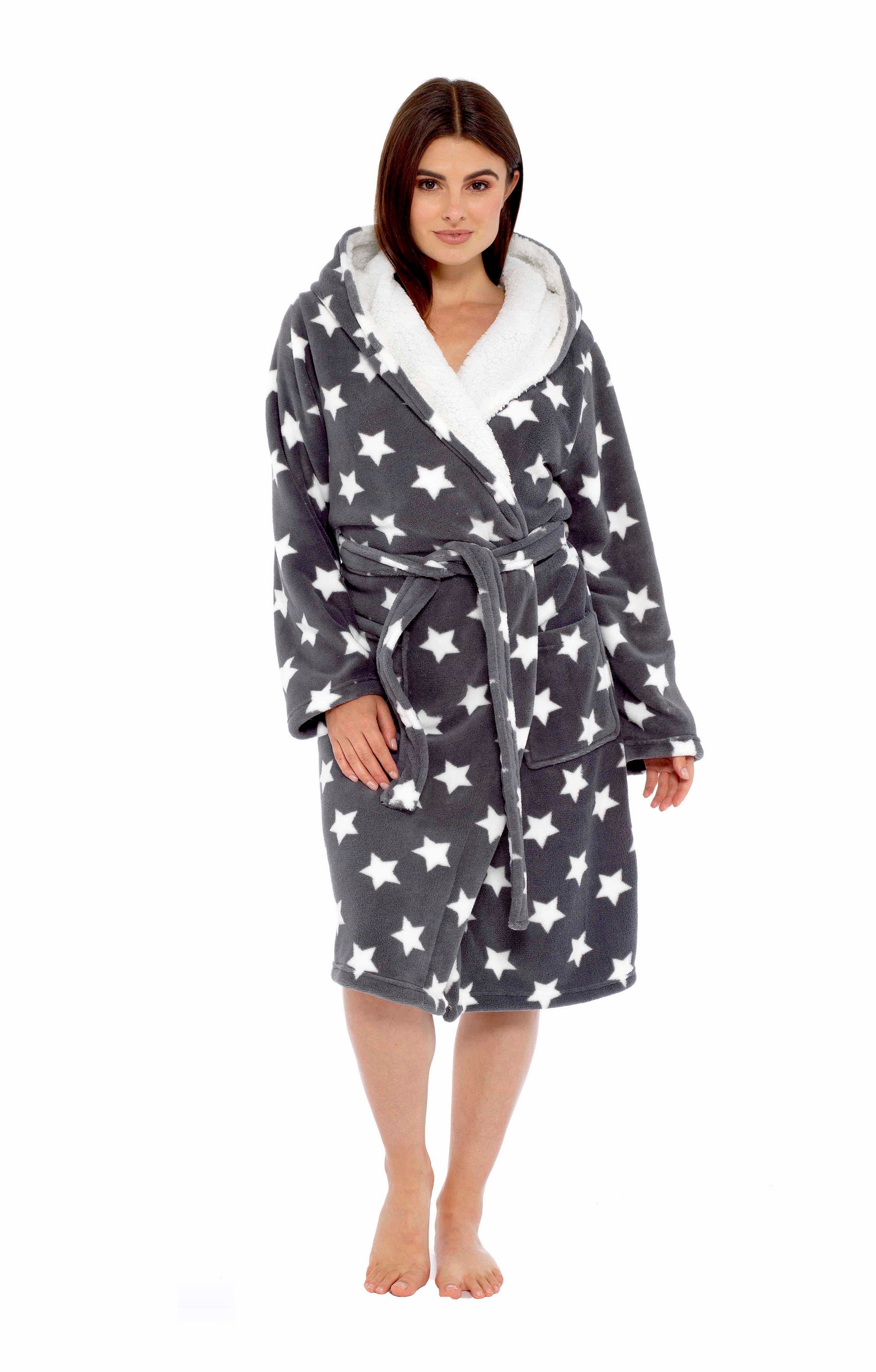 Stars Plush Fleece Hooded Robe Dressing Gown With Reversible Sherpa Lining Daisy Dreamer Dressing Gown