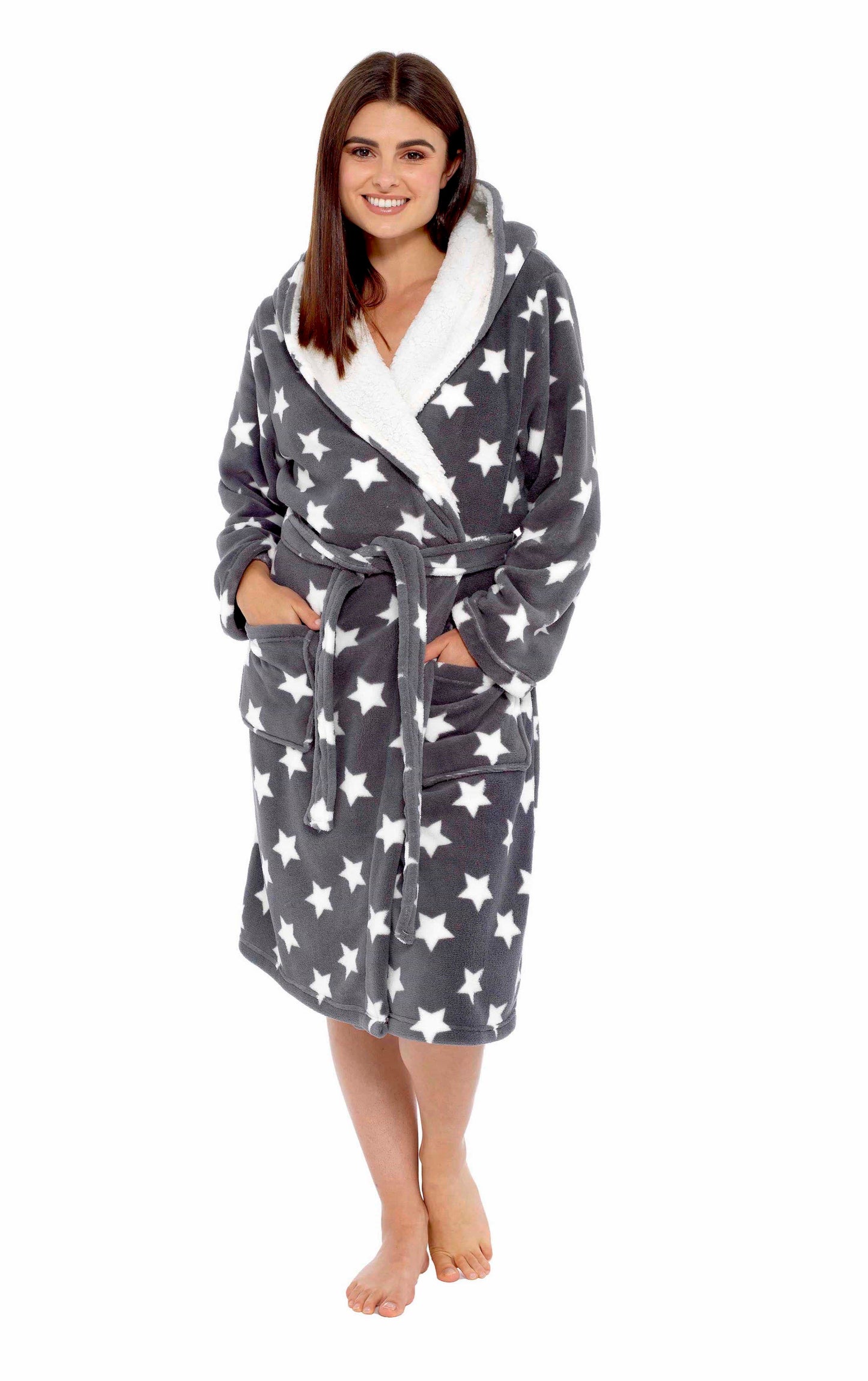 Stars Plush Fleece Hooded Robe Dressing Gown With Reversible Sherpa Lining Daisy Dreamer Dressing Gown