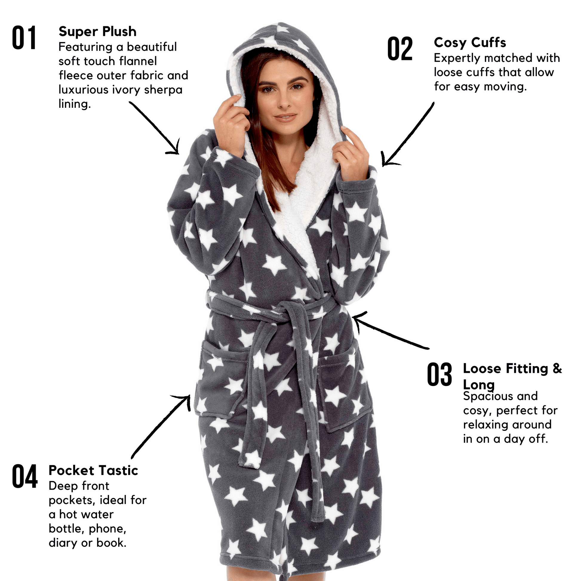 Stars Plush Fleece Hooded Robe Dressing Gown With Reversible Sherpa Lining Daisy Dreamer Dressing Gown